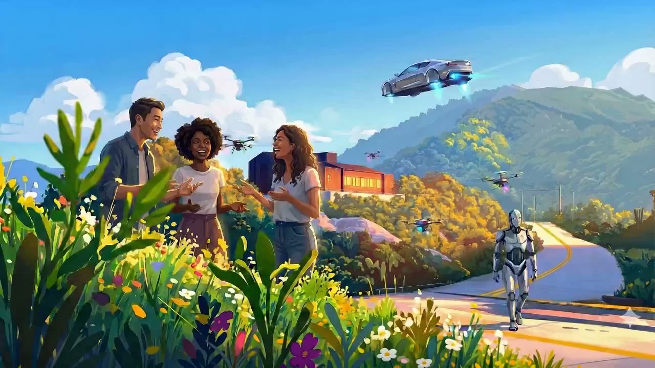 An illustrated near-future city where people and AI share the everyday